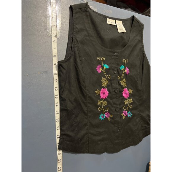 Linen Blend Black Embroidered Button-Up Top M 8/10 Beach Lagenlook Boho Western - Picture 2 of 8